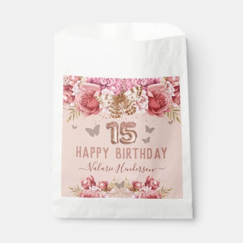 Floral Butterflies Pink Happy 15th Birthday Favor Bag
