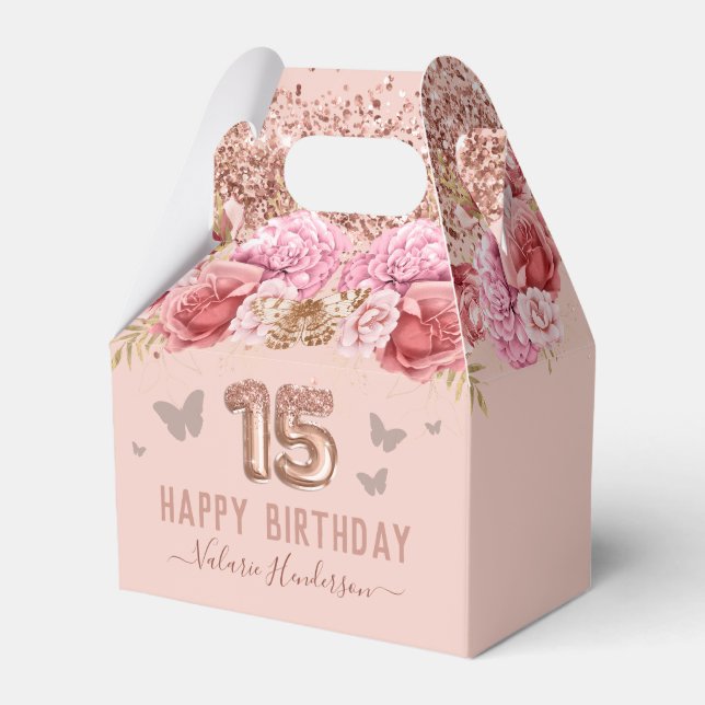 Floral Butterflies Pink Happy 15th Birthday Favor Boxes (Front Side)