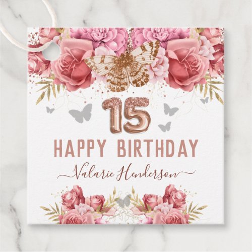 Floral Butterflies Pink Happy 15th Birthday Favor  Favor Tags