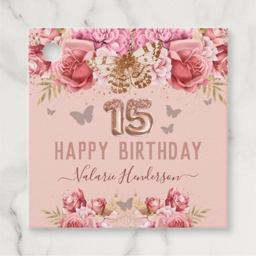 Floral Butterflies Pink Happy 15th Birthday Favor Tags