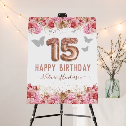 Floral Butterflies Pink Happy 15th Birthday Foam B Foam Board