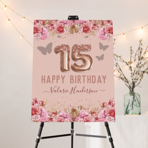 Floral Butterflies Pink Happy 15th Birthday Foam Board