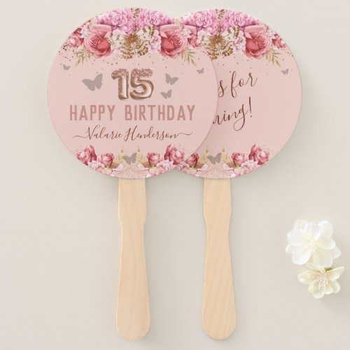 Floral Butterflies Pink Happy 15th Birthday Hand Fan