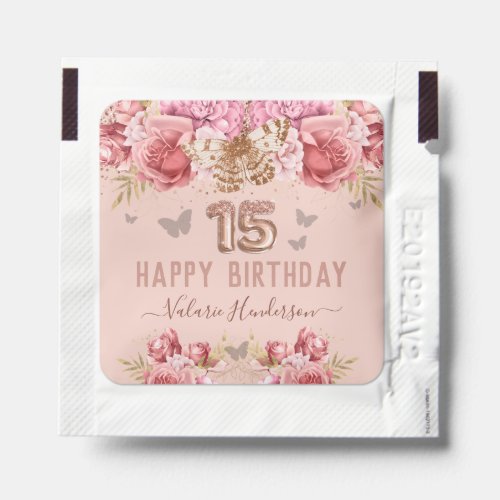 Floral Butterflies Pink Happy 15th Birthday Hand Sanitizer Packet