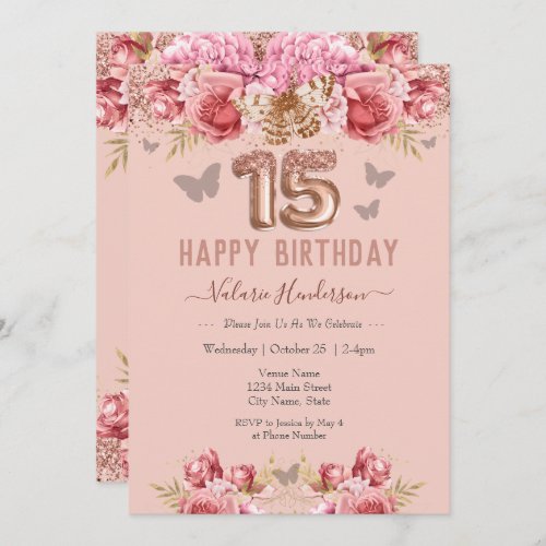 Floral Butterflies Pink Happy 15th Birthday Invita Invitation