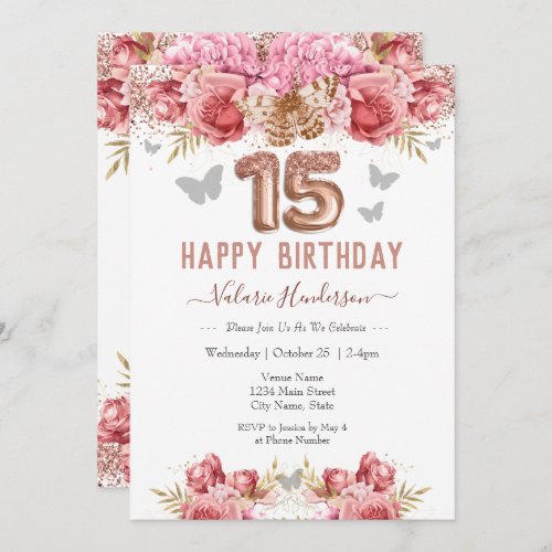 Floral Butterflies Pink Happy 15th Birthday Invitation