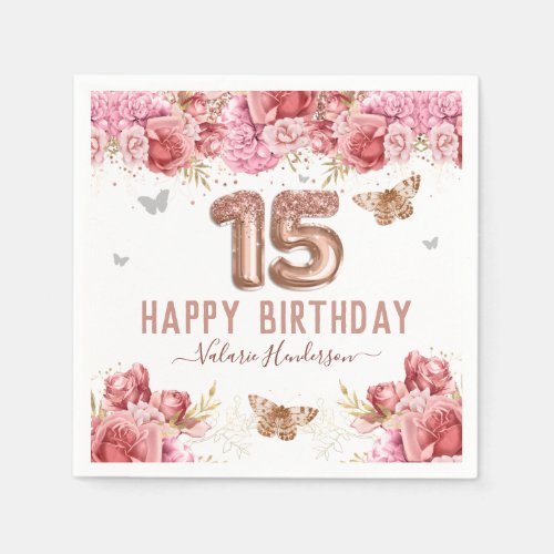Floral Butterflies Pink Happy 15th Birthday Napkin