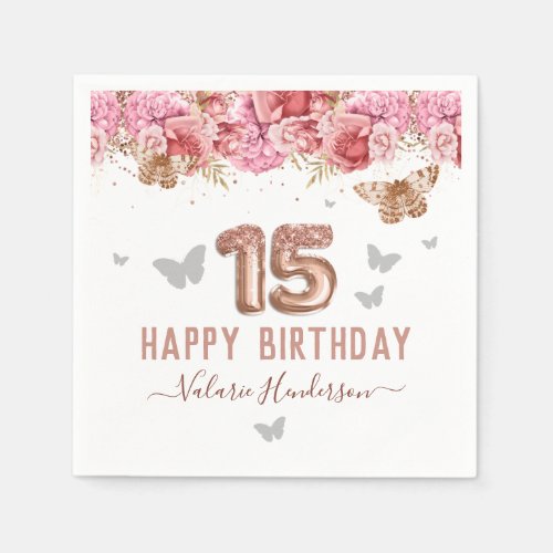 Floral Butterflies Pink Happy 15th Birthday Napkins