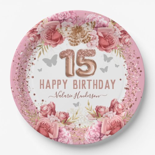 Floral Butterflies Pink Happy 15th Birthday Paper Plates