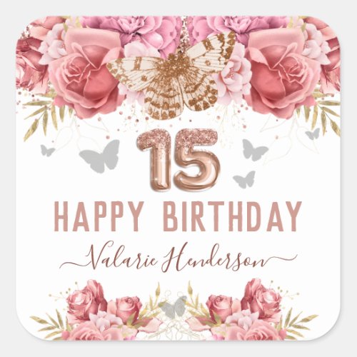 Floral Butterflies Pink Happy 15th Birthday  Squar Square Sticker