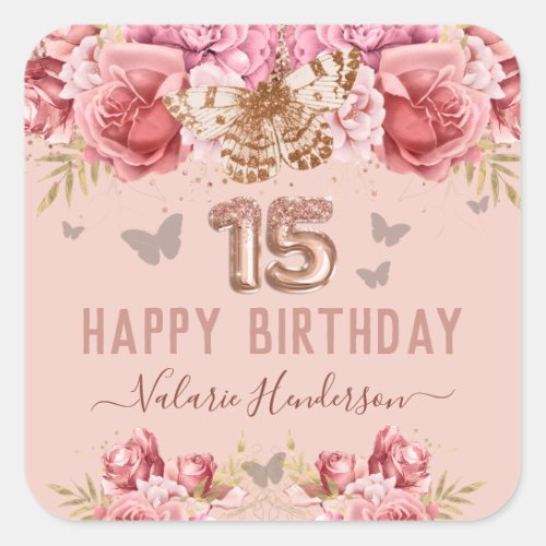 Floral Butterflies Pink Happy 15th Birthday  Square Sticker