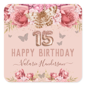 Floral Butterflies Pink Happy 15th Birthday Square Sticker