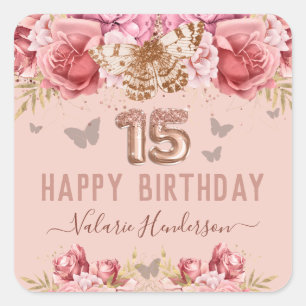 Floral Butterflies Pink Happy 15th Birthday Square Sticker