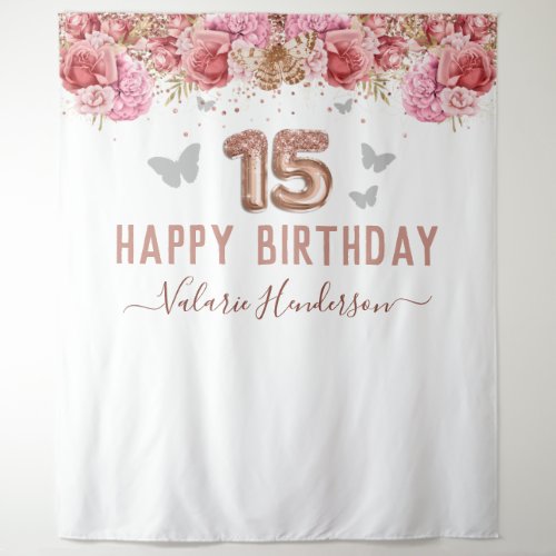 Floral Butterflies Pink Happy 15th Birthday Tapest Tapestry