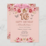 Floral Butterflies Pink Happy 16th Birthday<br><div class="desc">Girly glitter,  millennial pink background,  with fancy script name typography. Faux rose gold 16 balloon text. Pink Roses and butterfly top border. Great for sweet 16 celebrations.</div>