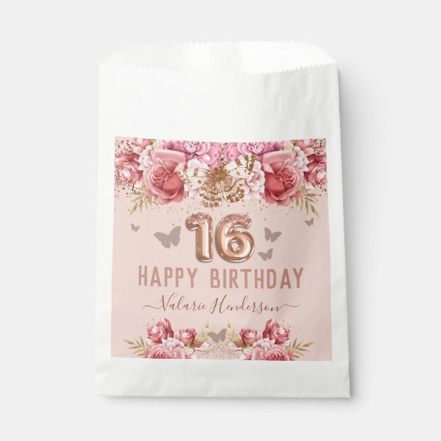 Floral Butterflies Pink Happy 16th Birthday Favor Bag (Front)