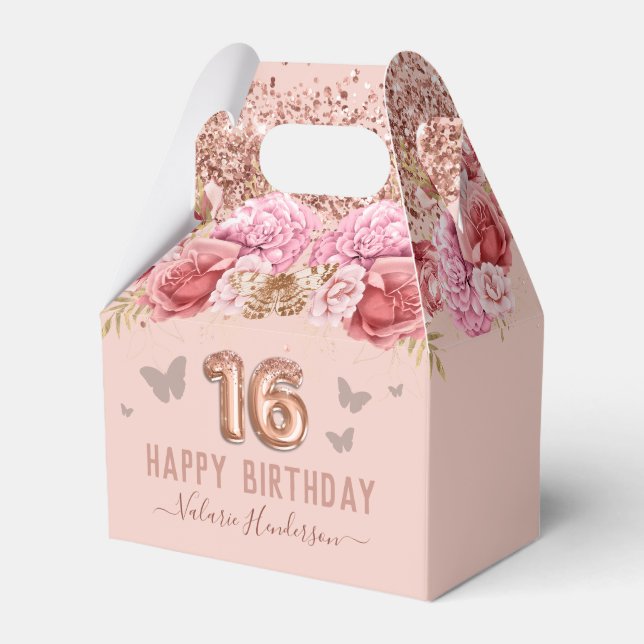 Floral Butterflies Pink Happy 16th Birthday Favor Boxes (Front Side)
