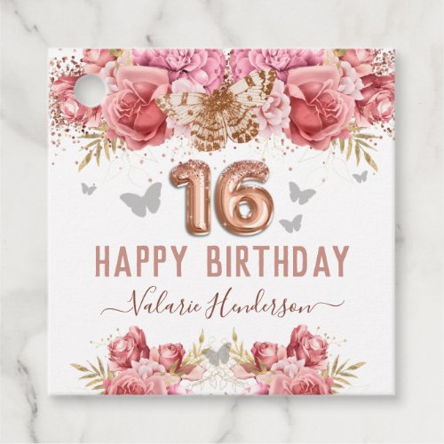 Floral Butterflies Pink Happy 16th Birthday Favor  Favor Tags