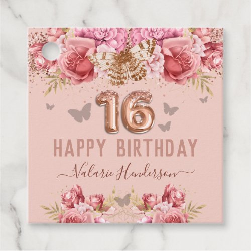 Floral Butterflies Pink Happy 16th Birthday Favor Tags