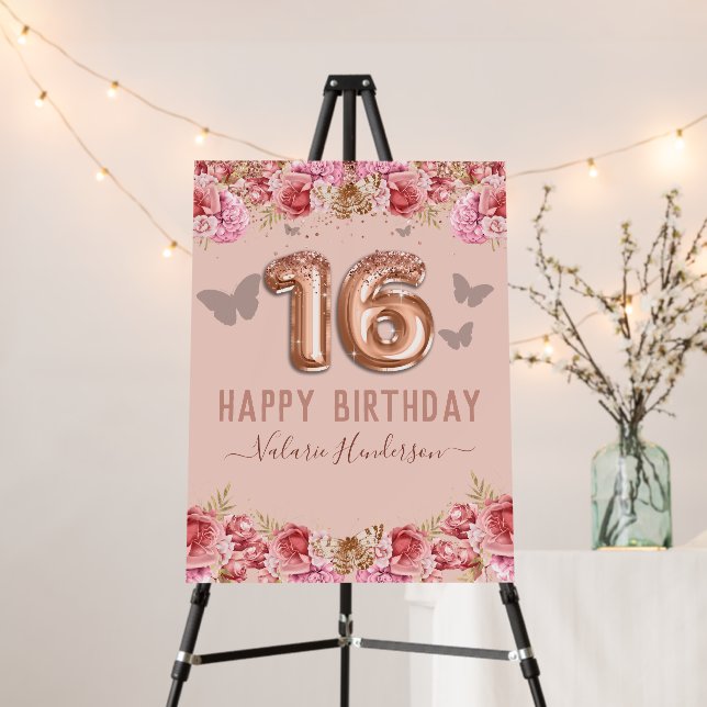 Floral Butterflies Pink Happy 16th Birthday Foam Board (In Situ (Stand))