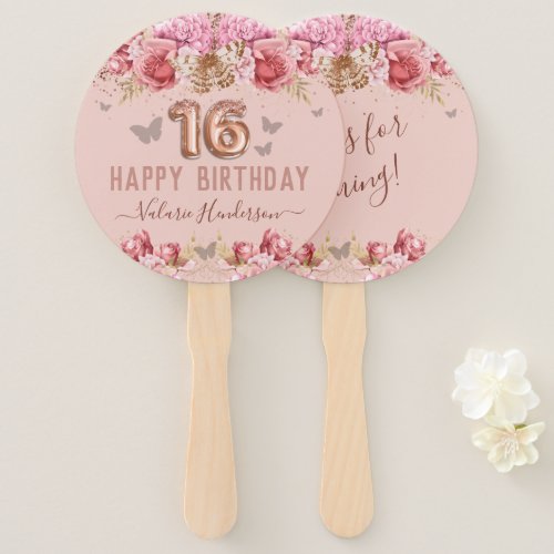 Floral Butterflies Pink Happy 16th Birthday Hand Fan