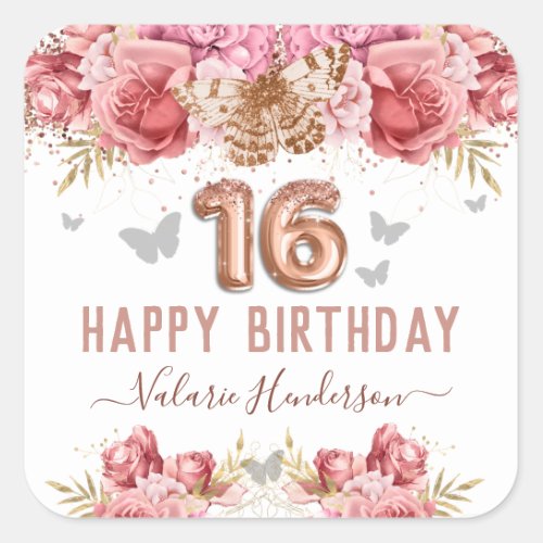 Floral Butterflies Pink Happy 16th Birthday Square Square Sticker