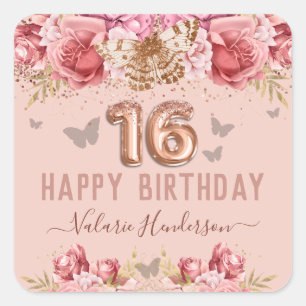 Floral Butterflies Pink Happy 16th Birthday Square Sticker