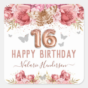 Floral Butterflies Pink Happy 16th Birthday Square Sticker