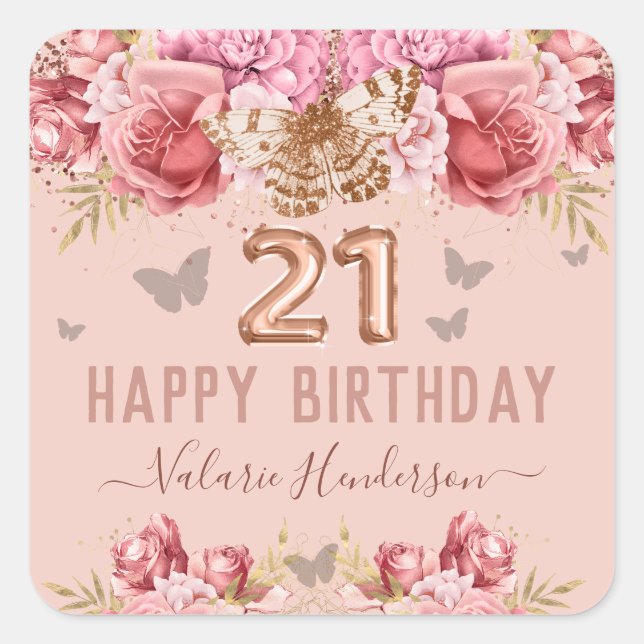 Floral Butterflies Pink Happy 21st Birthday Square Sticker (Front)