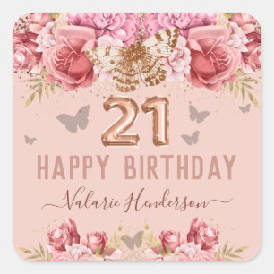 Floral Butterflies Pink Happy 21st Birthday Square Sticker