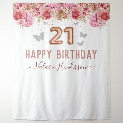 Floral Butterflies Pink Happy 21st Birthday Tapest Tapestry