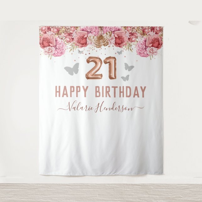 Floral Butterflies Pink Happy 21st Birthday Tapest Tapestry (Front)
