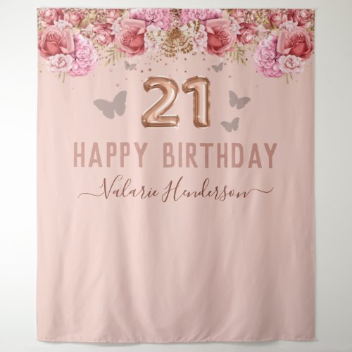Floral Butterflies Pink Happy 21st Birthday Tapestry