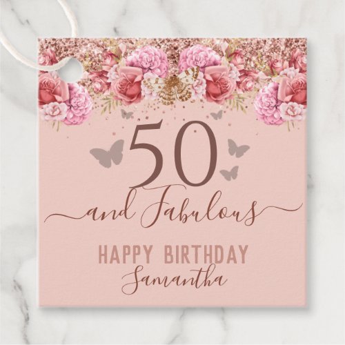 Floral Butterflies Pink Happy 50th Birthday Favor Tags