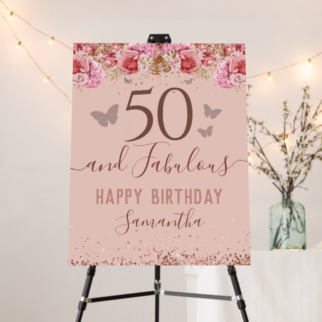 Floral Butterflies Pink Happy 50th Birthday Foam Board (In Situ (Stand))