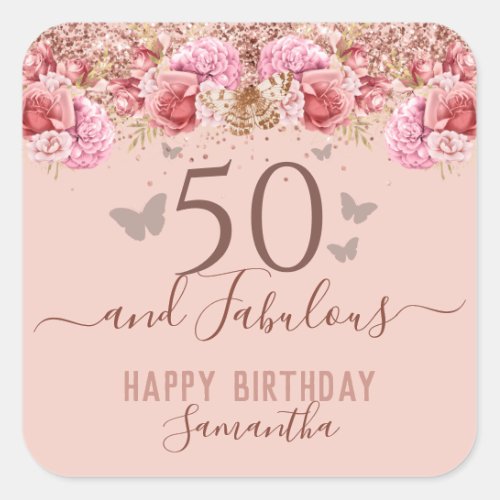 Floral Butterflies Pink Happy 50th Birthday Square Sticker