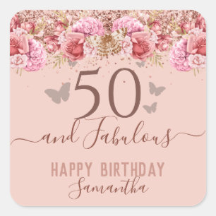 Floral Butterflies Pink Happy 50th Birthday Square Sticker