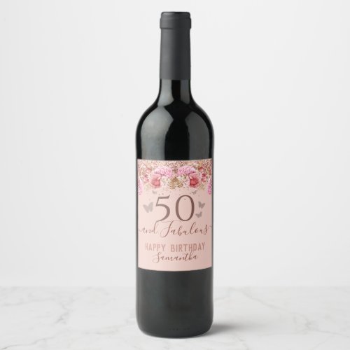 Floral Butterflies Pink Happy 50th Birthday Wine Label
