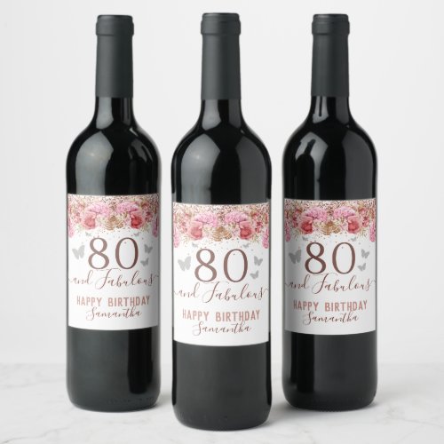 Floral Butterflies Pink Happy 80th Birthday Wine Label