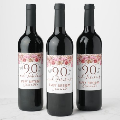 Floral Butterflies Pink Happy 90th Birthday Wine Label