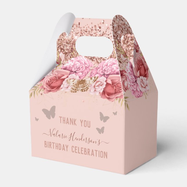 Floral Butterflies Pink Happy Birthday Favor Box (Front Side)