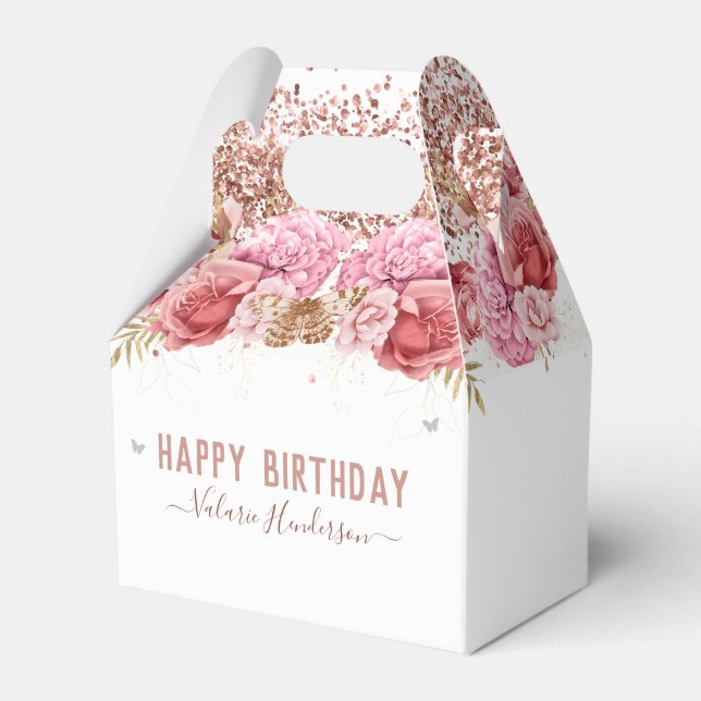 Floral Butterflies Pink Happy Birthday Favor Boxes (Front Side)