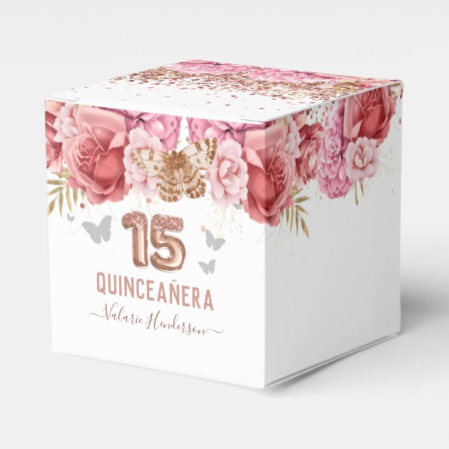 Floral Butterflies Pink Quinceañera Favor Box (Front Side)