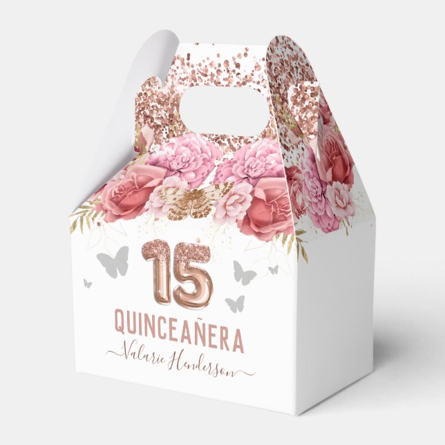Floral Butterflies Pink Quinceañera Favor Boxes (Front Side)