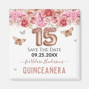 Floral Butterflies Pink Quinceañera Save the Date Magnet
