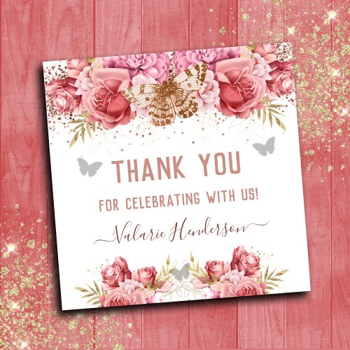 Floral Butterflies Pink Thank You Baby Shower Square Sticker