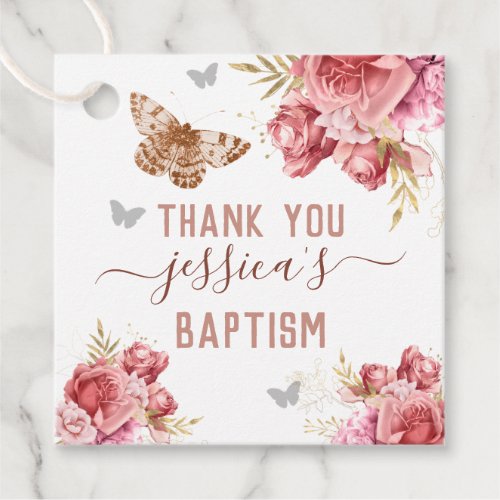 Floral Butterflies Pink Thank You Baptism  Favor Tags