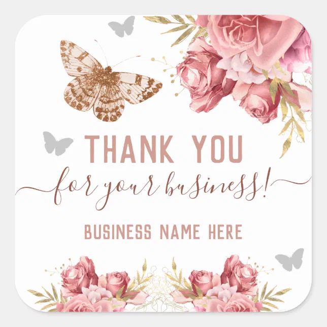Floral Butterflies Pink Thank You Business Square Sticker (Front)
