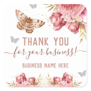 Floral Butterflies Pink Thank You Business Square Sticker