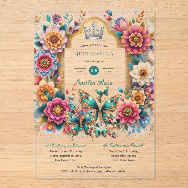 Floral Butterflies QUINCEANERA Tiara Gold Silver Acrylic Invitations (Front)